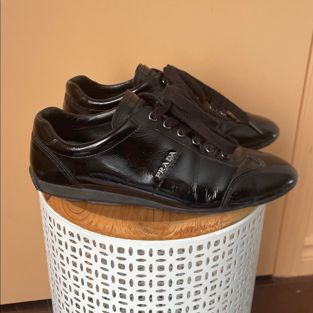 Prada Black Patent Leather Low-Top Sneakers